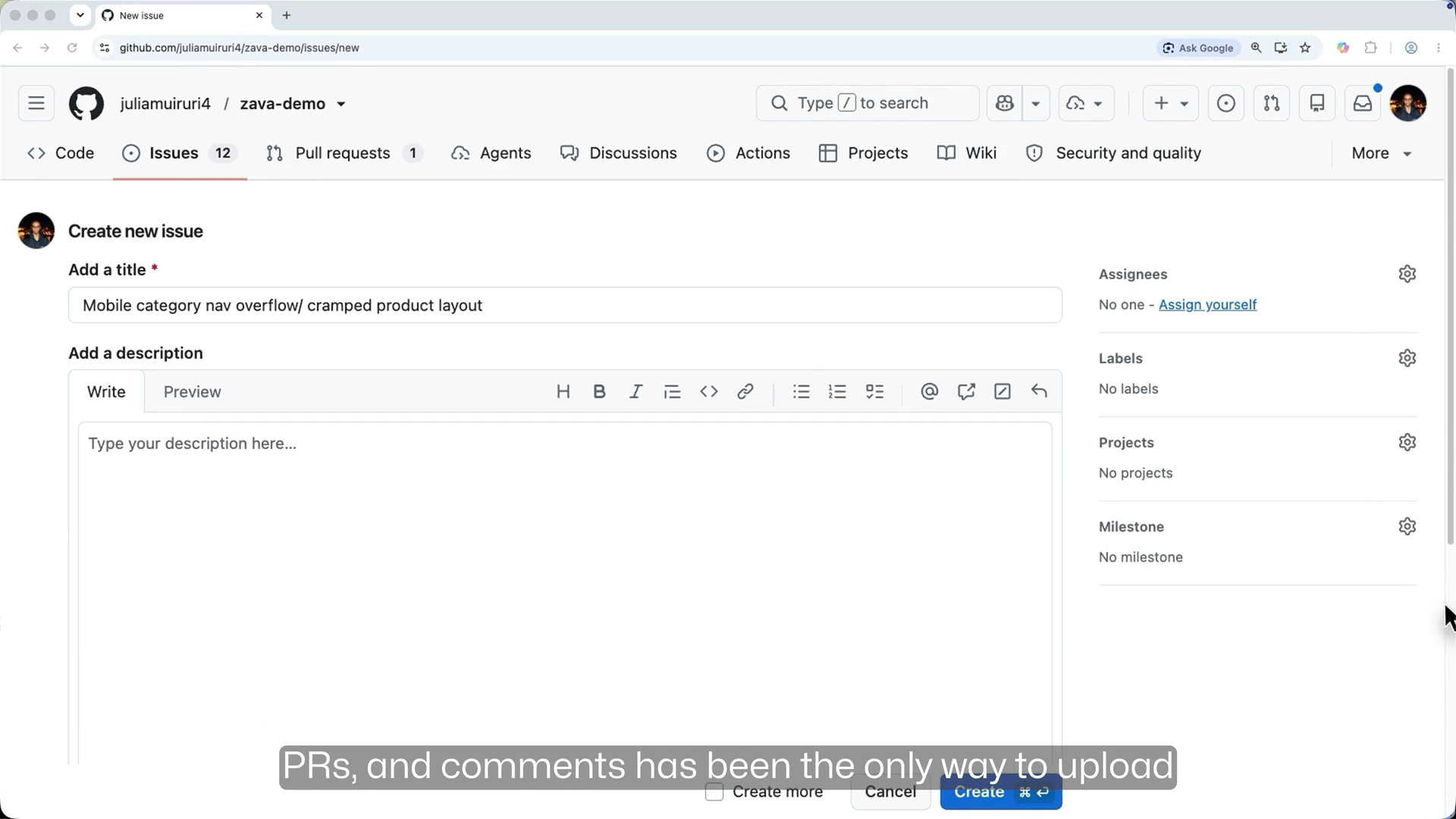GitHub issue creation screen from the captioned GitHub CLI attachment walkthrough