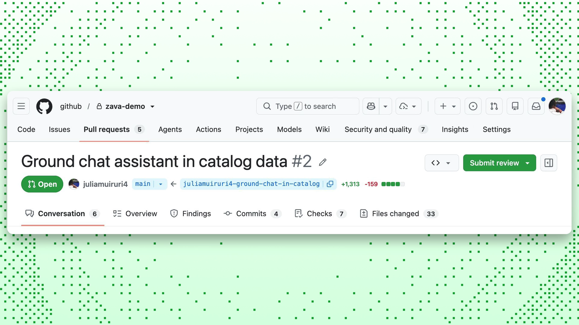 Agent-assisted pull request shown in the Copilot app workflow demonstration