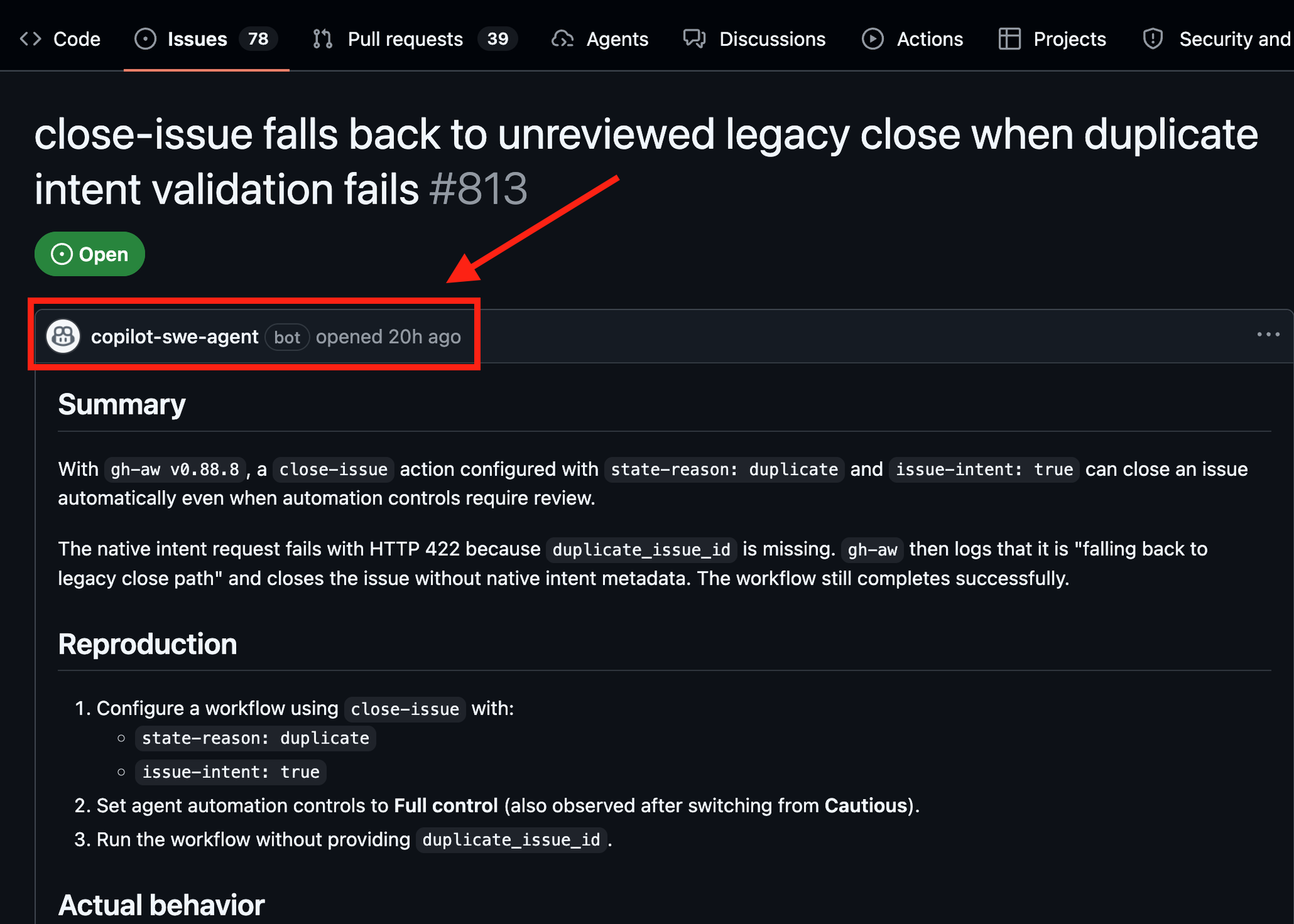 GitHub issue opened by an agent, summarizing a duplicate-closure fallback and listing reproduction steps.