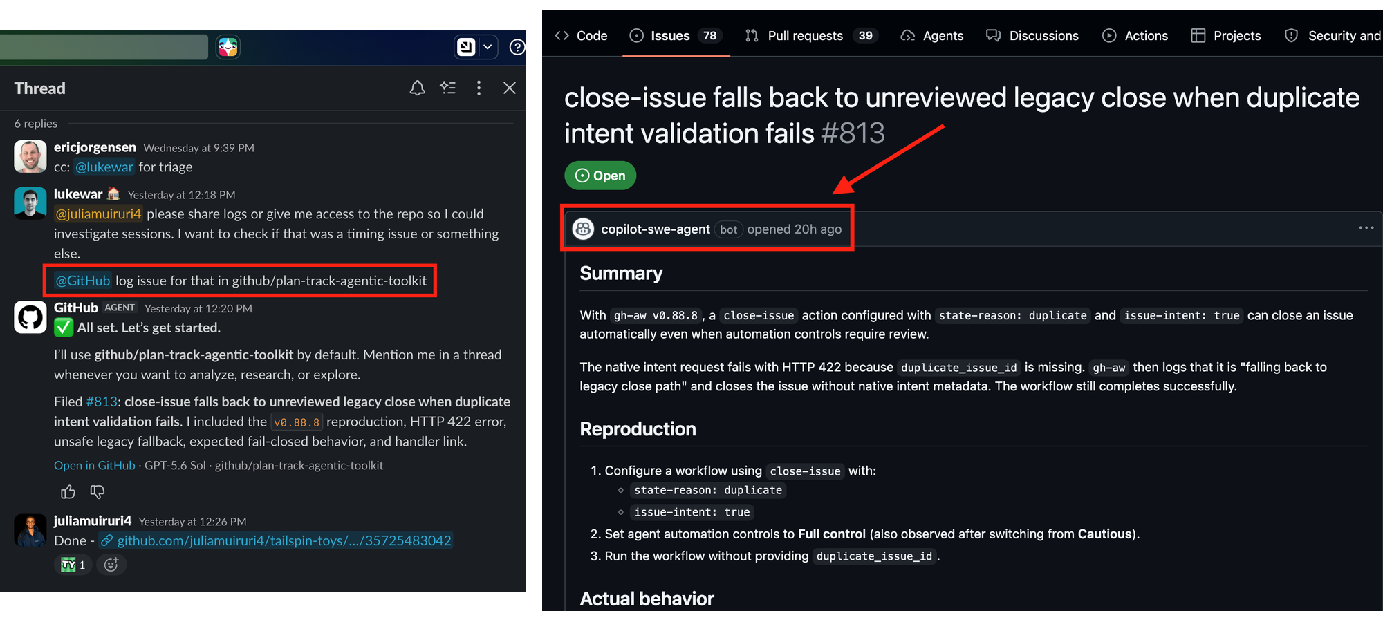 Slack confirmation and the GitHub issue created from the report, shown side by side