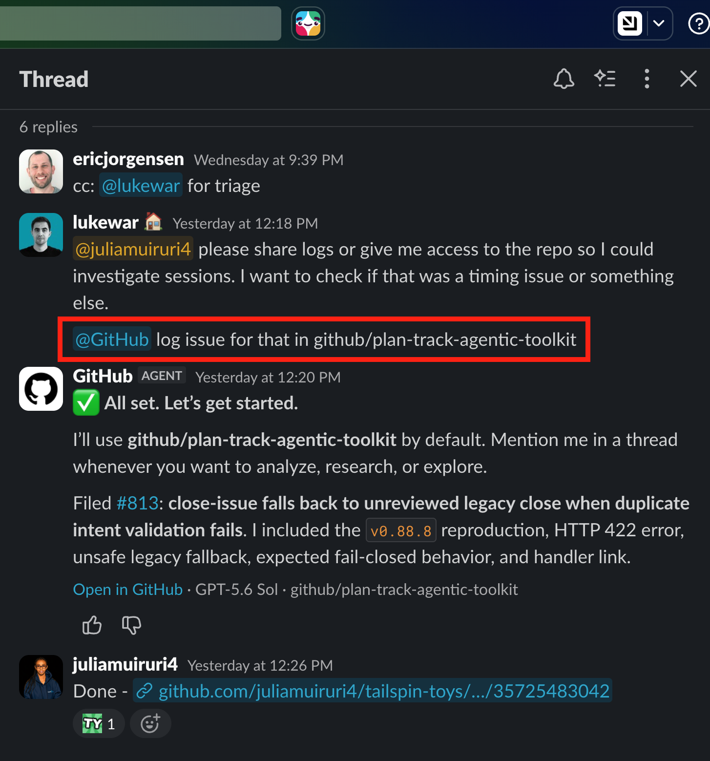 Slack thread where a teammate asks GitHub to file an issue and the agent confirms it has filed one.