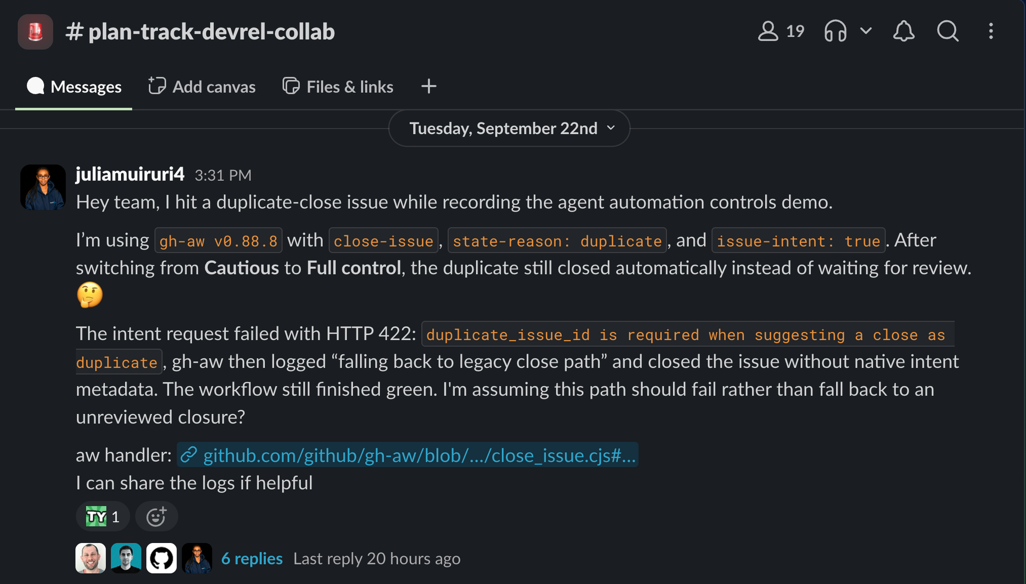 Teams message reporting an unexpected duplicate issue closure and asking for triage.