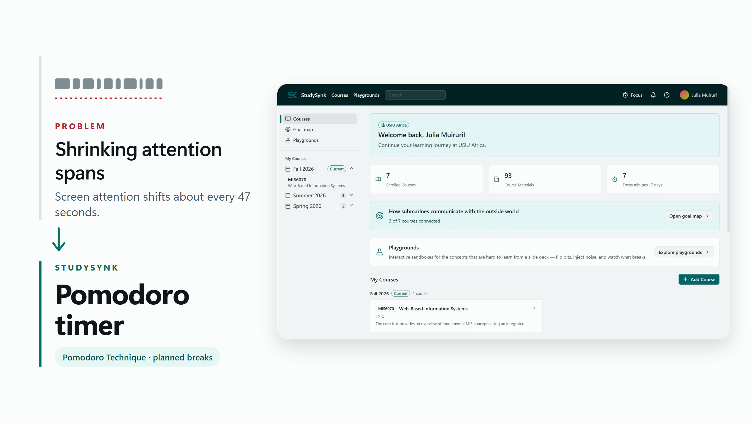 StudySynk Pomodoro timer supports focus and planned breaks.