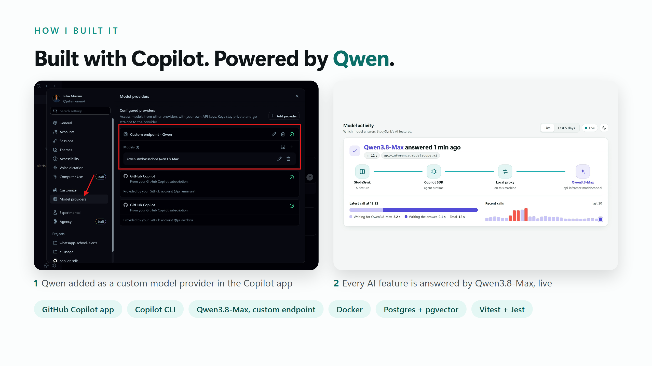 Julia's development setup using Copilot and Qwen.